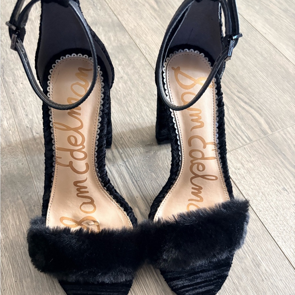 Sam Edelman “Yaro” Black Fur Accent Heels - Size 6 Wide